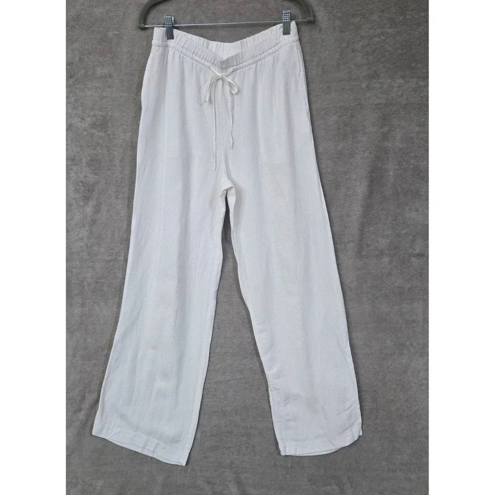 H&M Linen Blend Pants Womens Small White Lagenlook Wide Leg Casual Beach Summer